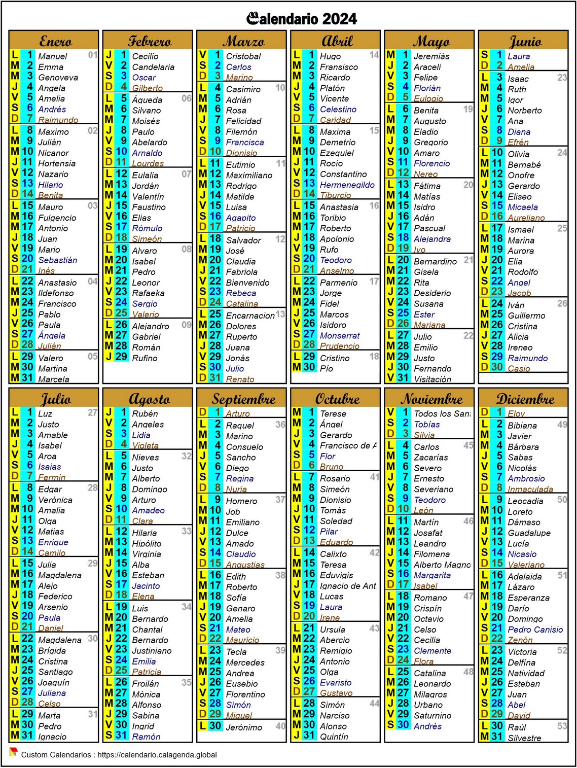 Calendario 2024 anual de seis columnas en formato vertical