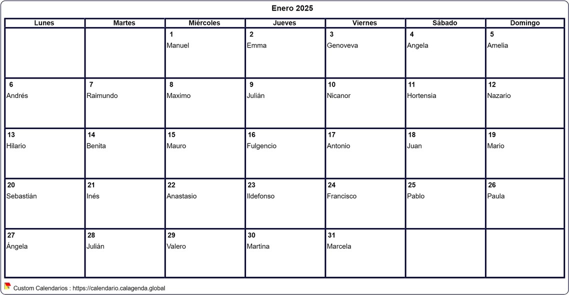 Calendario enero 2025 para imprimir en blanco