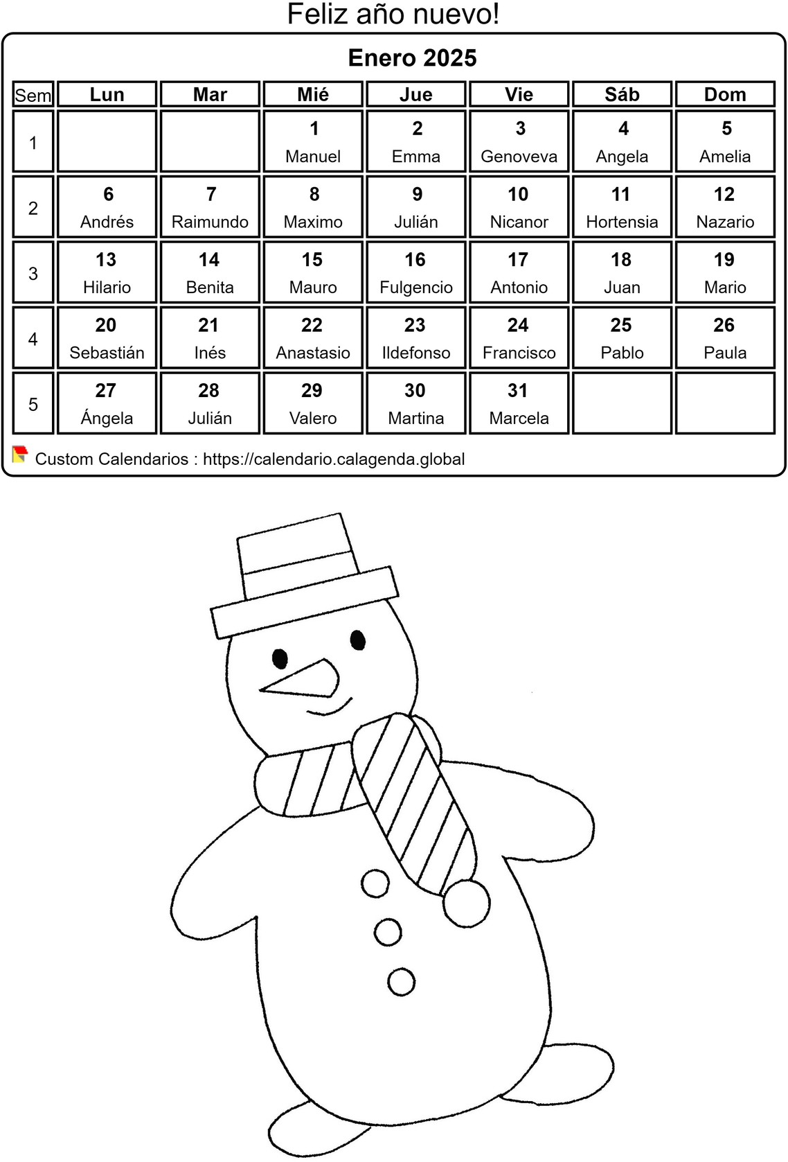 Calendario para colorear enero 2025 Calendario para colorear enero 2025