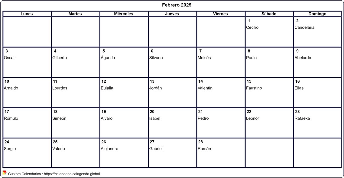 Calendario febrero 2025 para imprimir en blanco Calendario febrero 2025 para imprimir en blanco