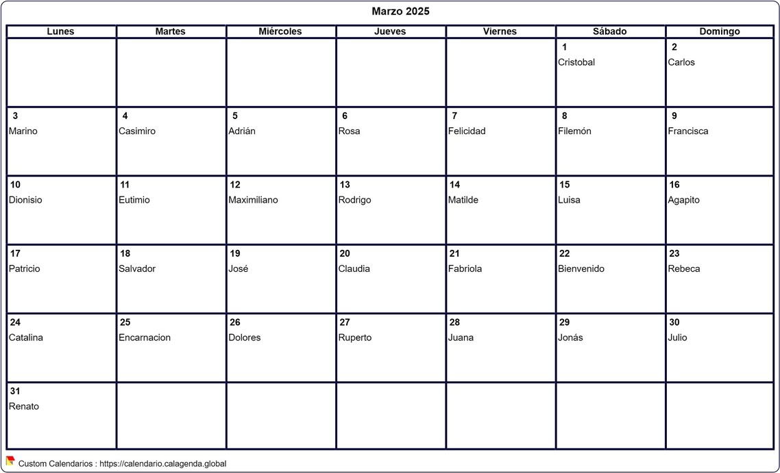 Calendario marzo 2025 para imprimir en blanco Calendario marzo 2025 para imprimir en blanco