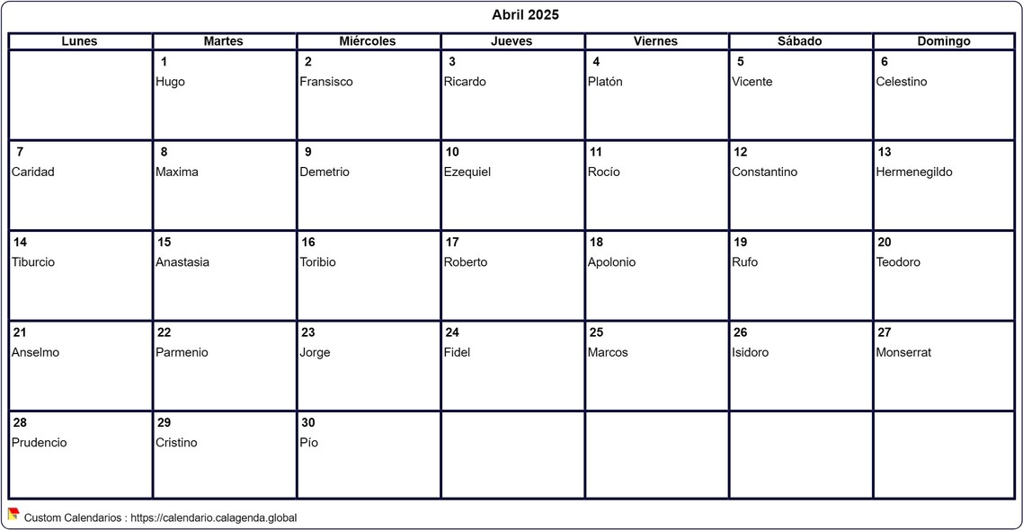 Calendario abril 2025 para imprimir en blanco