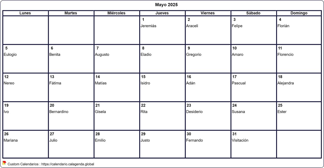 Calendario mayo 2025 para imprimir en blanco