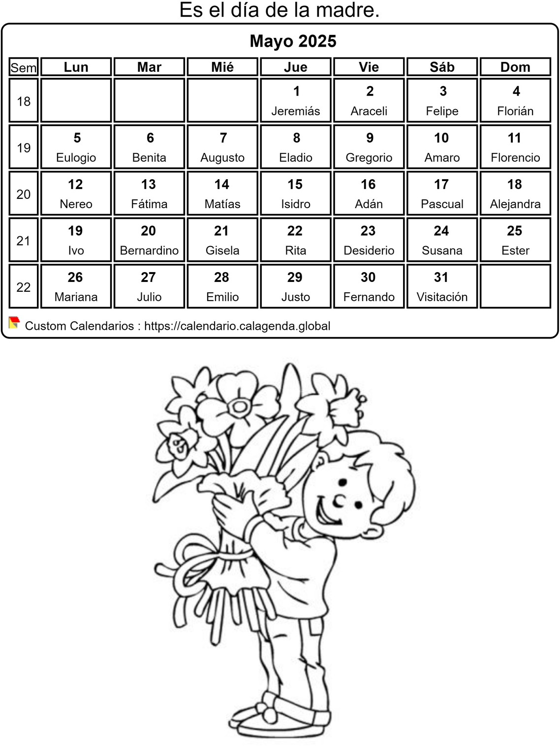 Calendario para colorear mayo 2025 Calendario para colorear mayo 2025
