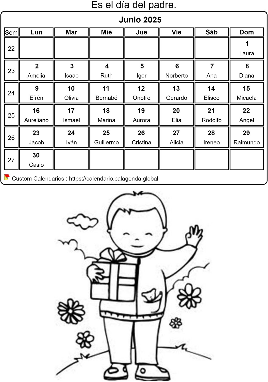 Calendario para colorear junio 2025 Calendario para colorear junio 2025