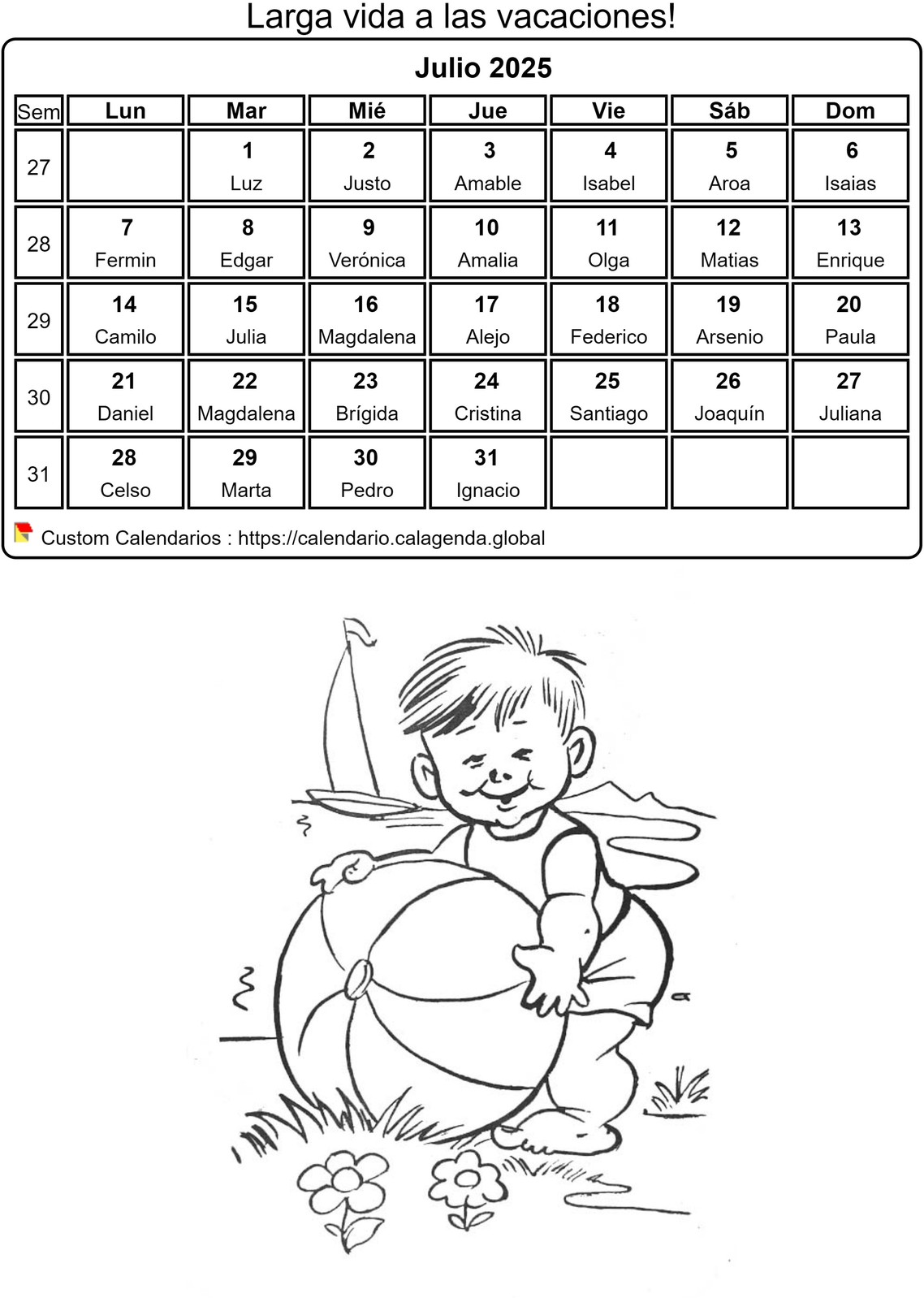 Calendario para colorear julio 2025 Calendario para colorear julio 2025