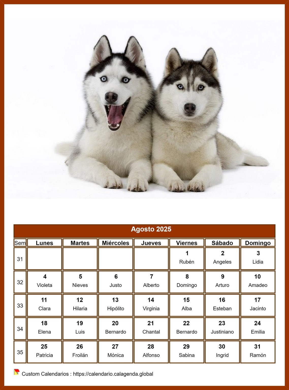 Calendario agosto 2025 perros Calendario agosto 2025 perros