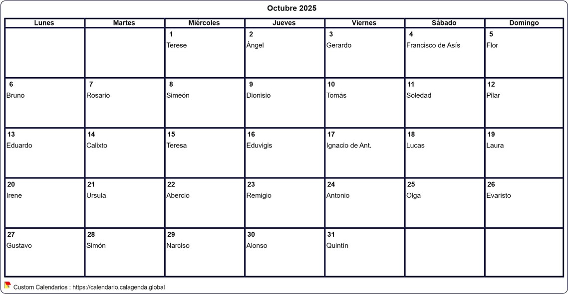 Calendario octubre 2025 para imprimir en blanco