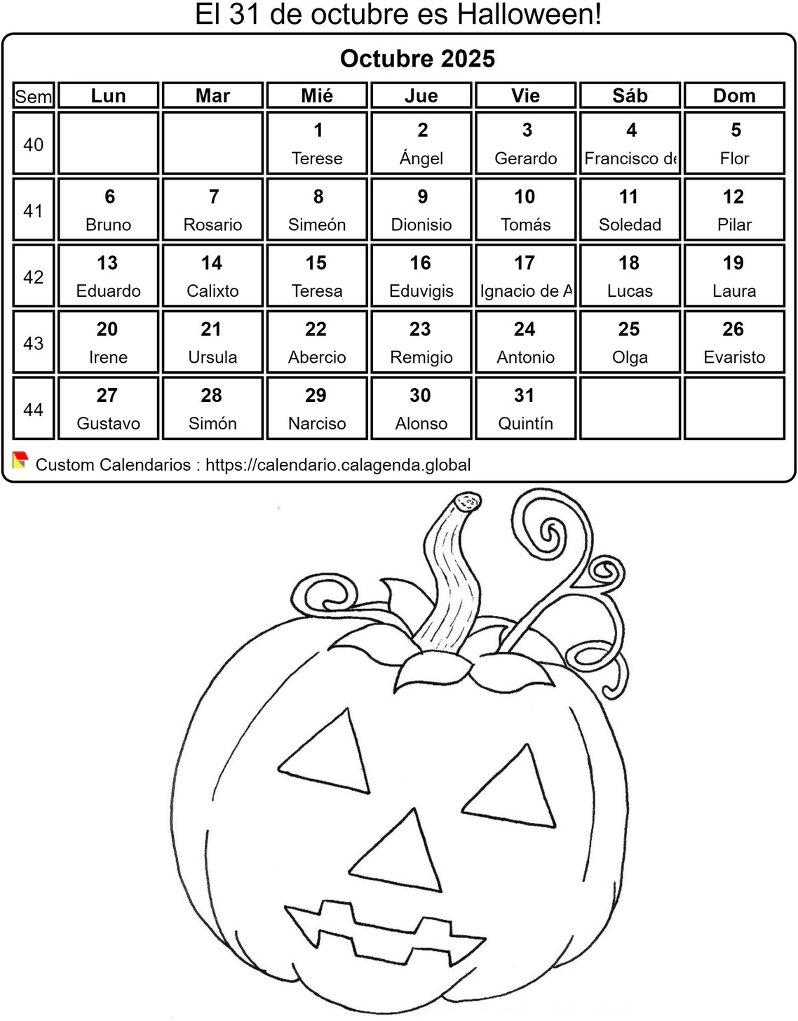 Calendario para colorear octubre 2025 Calendario para colorear octubre 2025