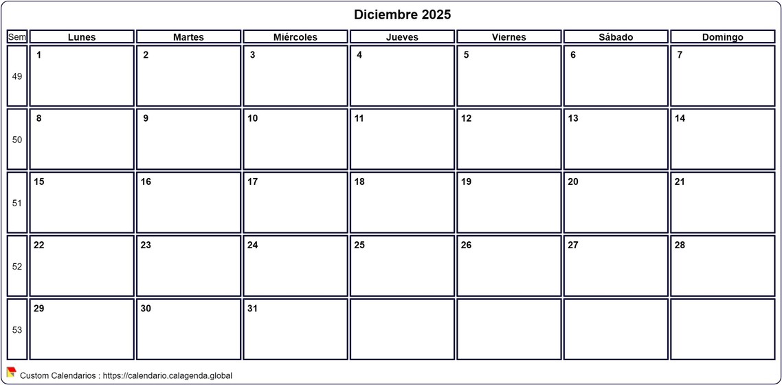 Calendario diciembre 2025