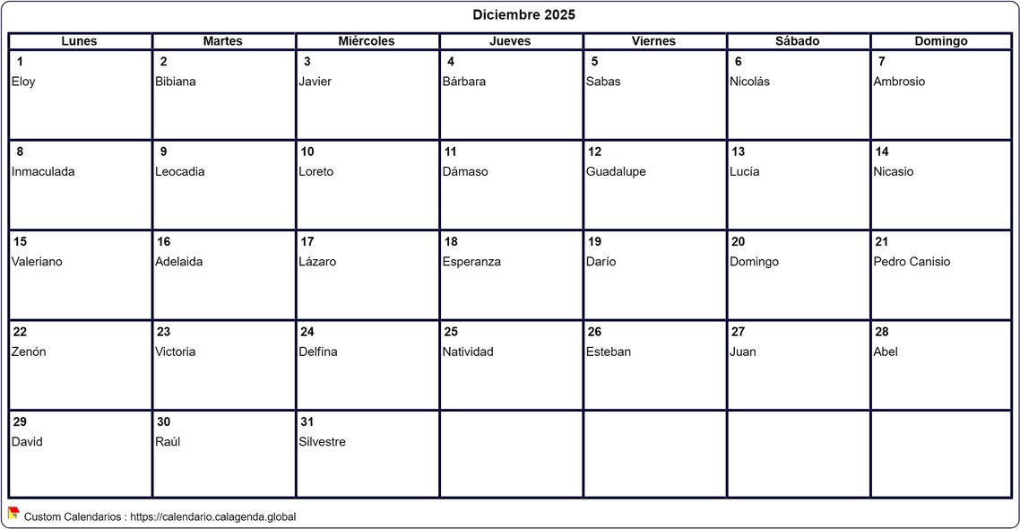 Calendario diciembre 2025 para imprimir en blanco