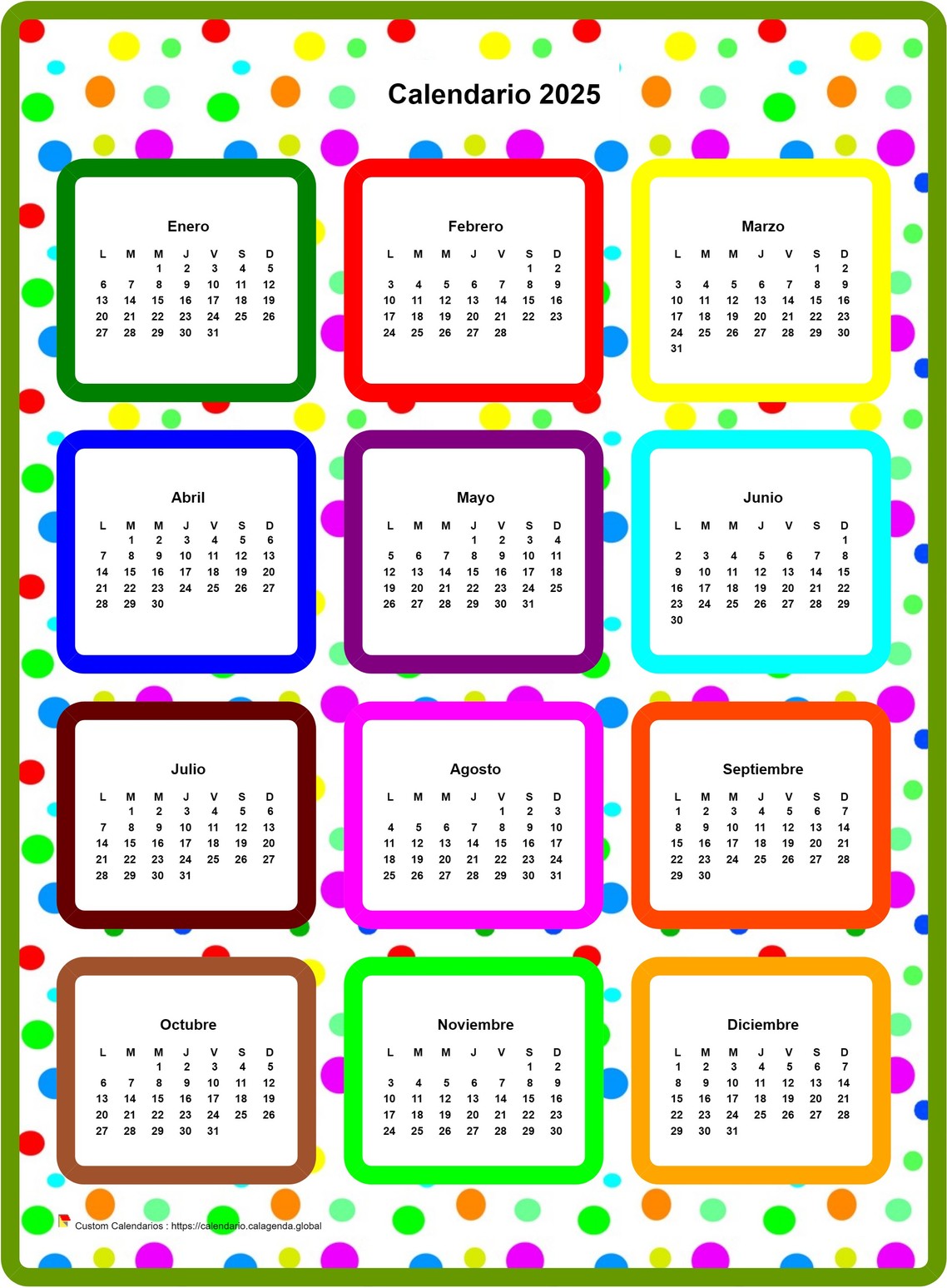 Calendario 2025 anual coloreado