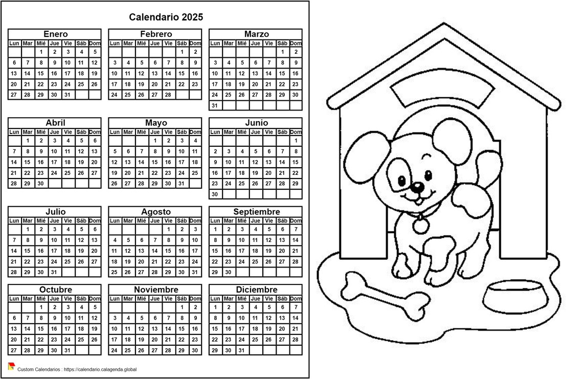 Calendario 2025 para colorear anual, formato apaisado, para niños Calendario 2025 para colorear anual, formato apaisado, para niños
