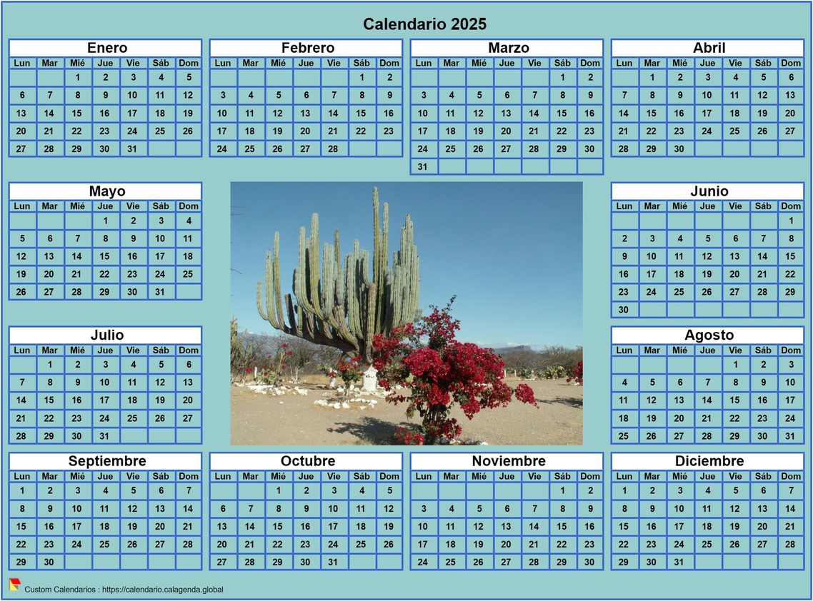 Calendario 2025 foto anual para imprimir, fondo cian, formato apaisado, escritorio o pared Calendario 2025 foto anual para imprimir, fondo cian, formato apaisado, escritorio o pared