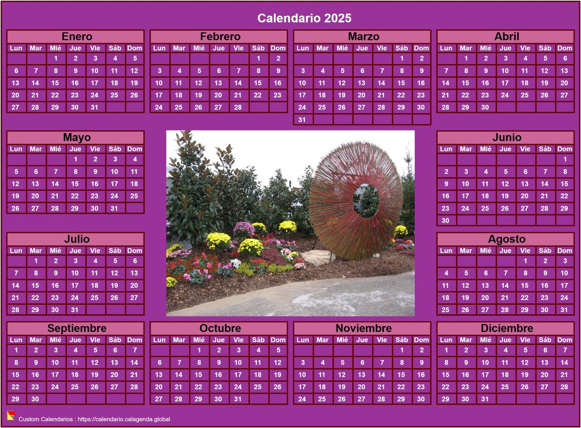 Calendario 2025 foto anual para imprimir, fondo rosa, formato apaisado, escritorio o pared