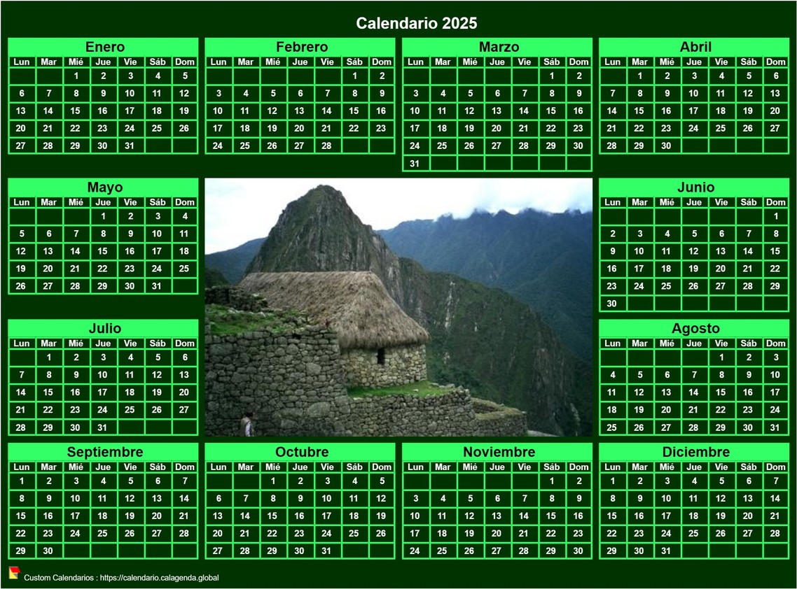 Calendario 2025 foto anual para imprimir apaisada, fondo verde Calendario 2025 foto anual para imprimir apaisada, fondo verde