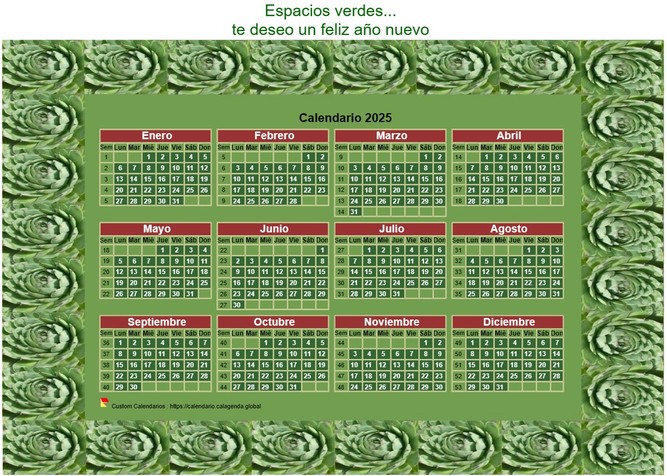 Calendario 2025 anual decorativo para imprimir, con marco de foto verde
