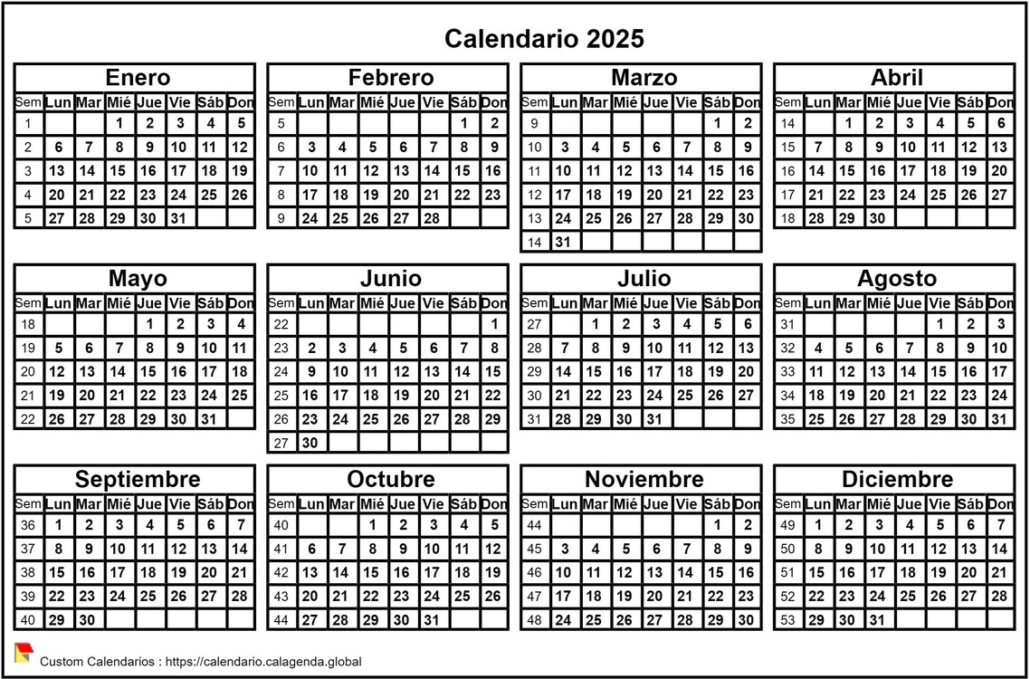 Calendario 2025 formato horizontal Calendario 2025 formato horizontal