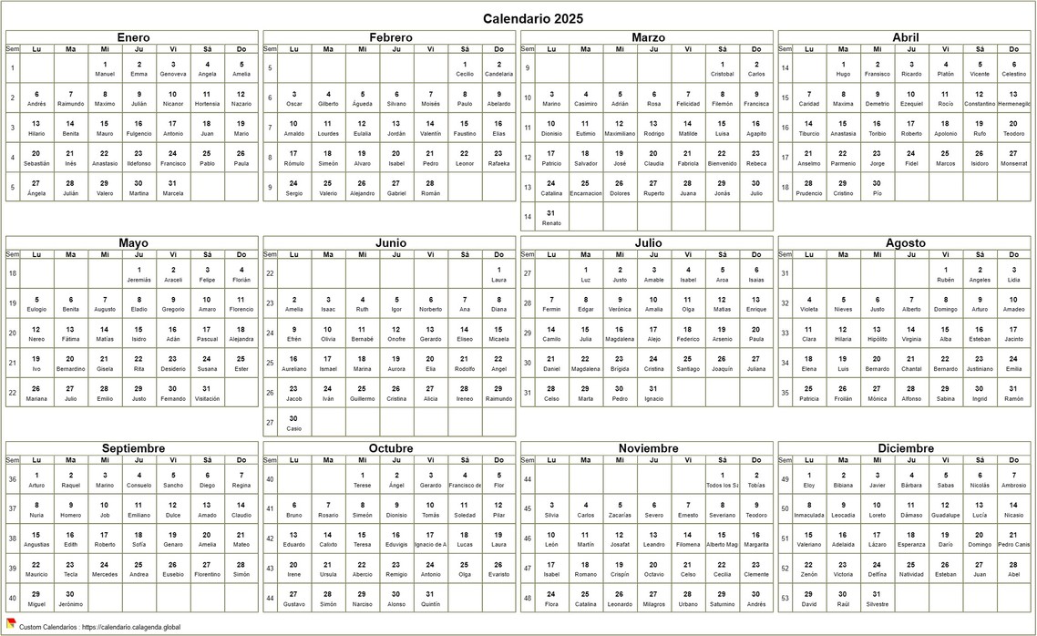 Calendario anual 2025 para imprimir, formato apaisado, de escritorio o pared