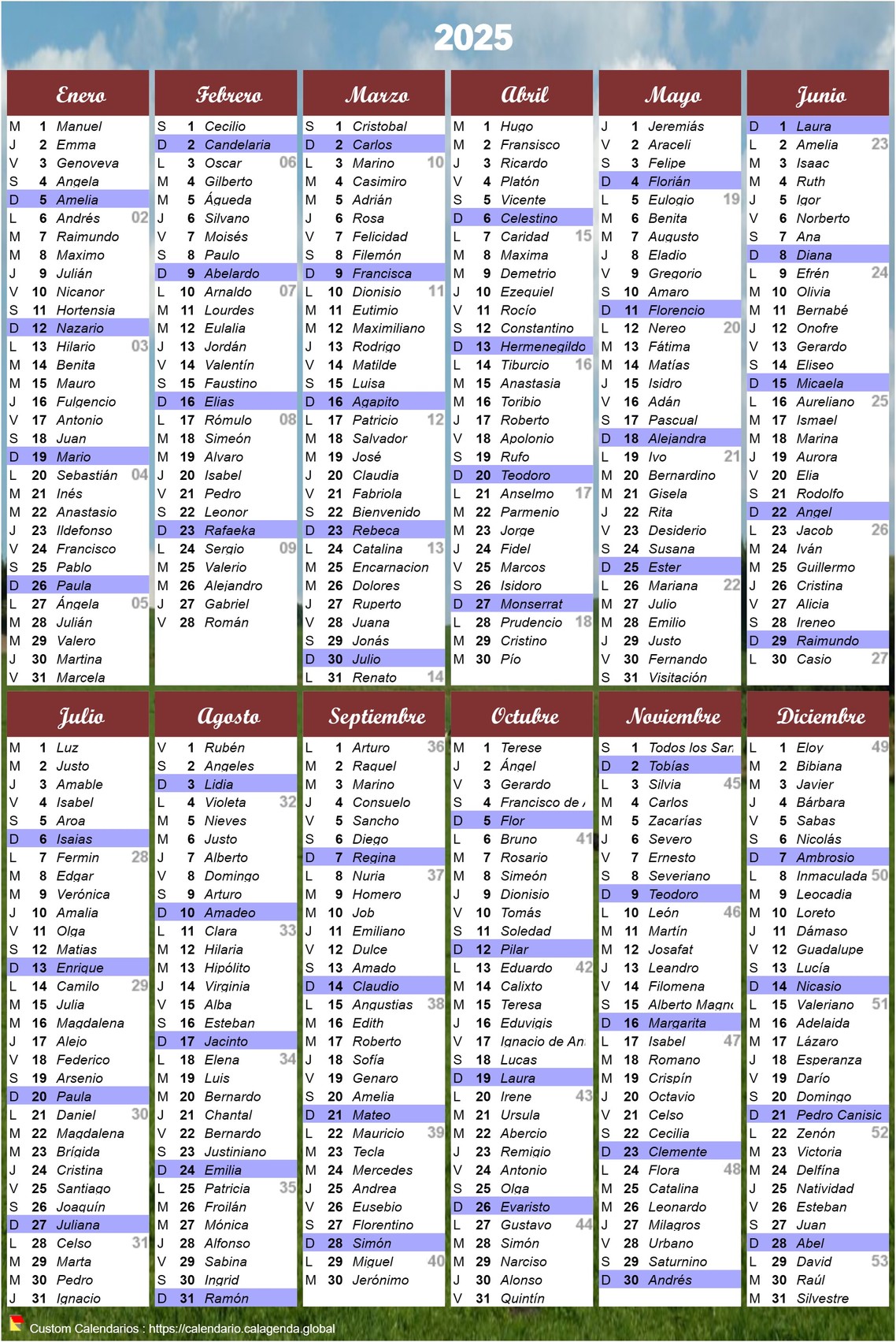 Calendario anual 2025 para imprimir retrato