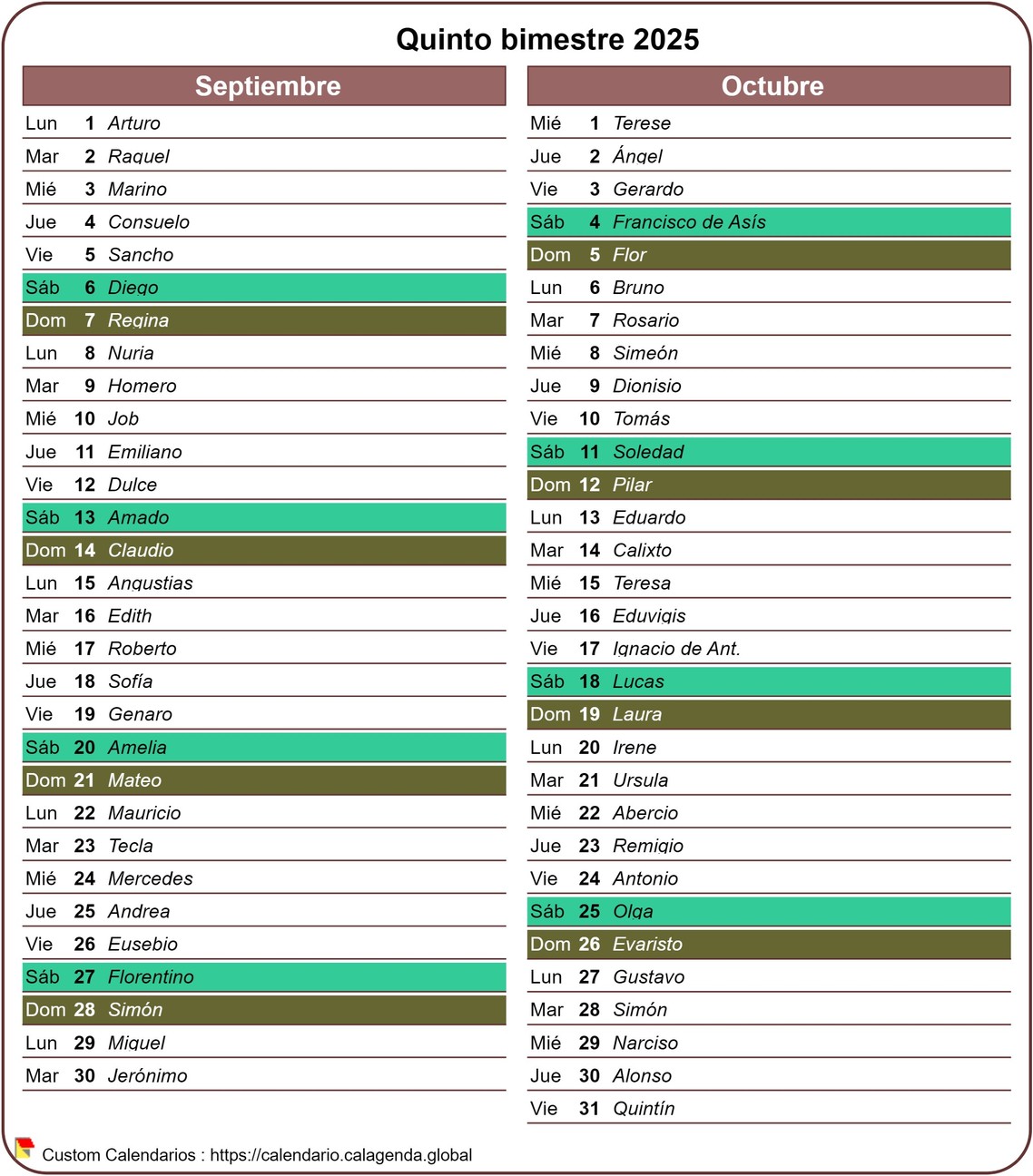 Calendario 2025 bimestral con agenda detallada, formato vertical, una columna al mes