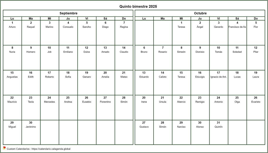 Calendario 2025 bimestral, formato apaisado, con nombres Calendario 2025 bimestral, formato apaisado, con nombres