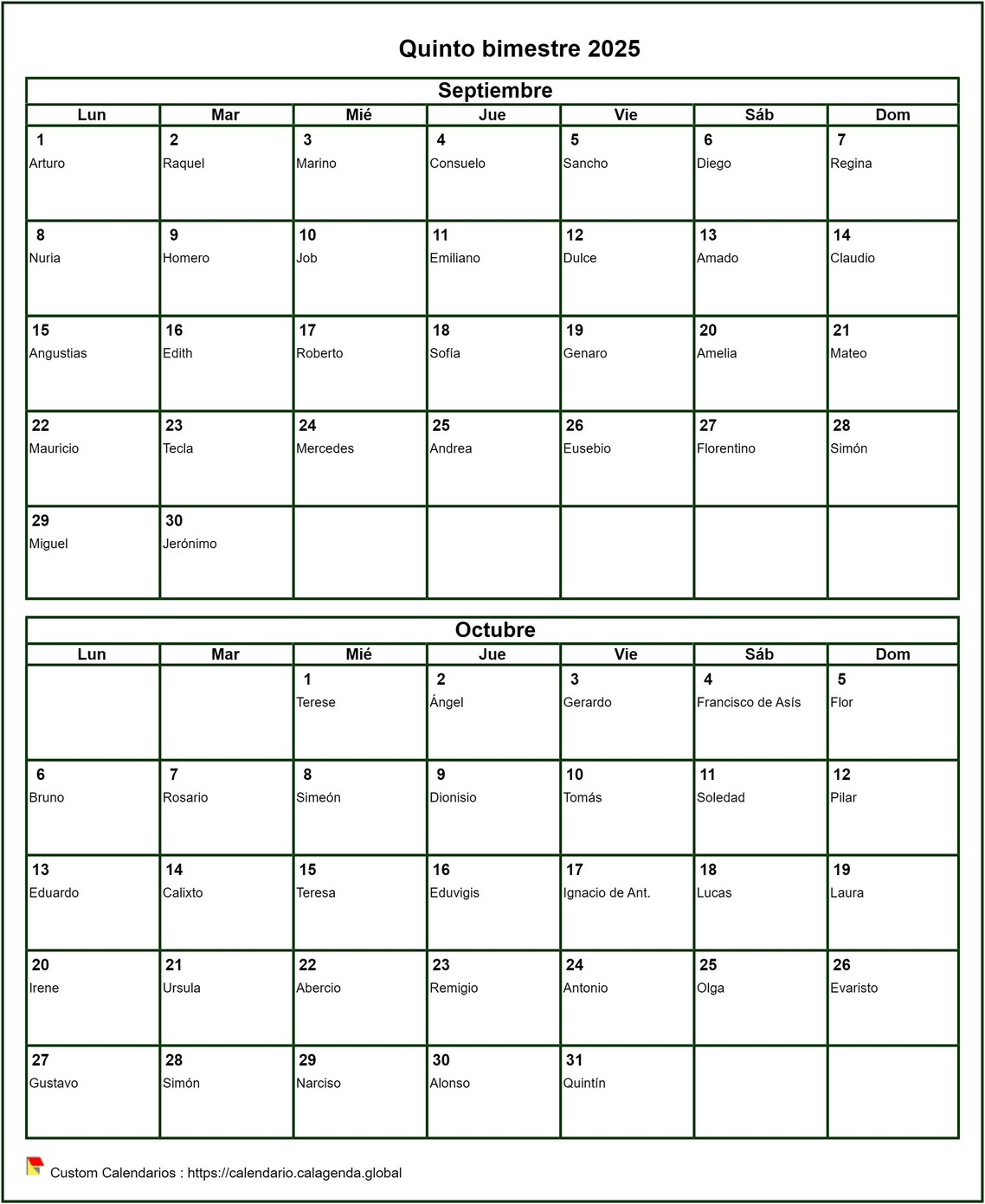 Calendario 2025 bimestral, formato retrato, con nombres