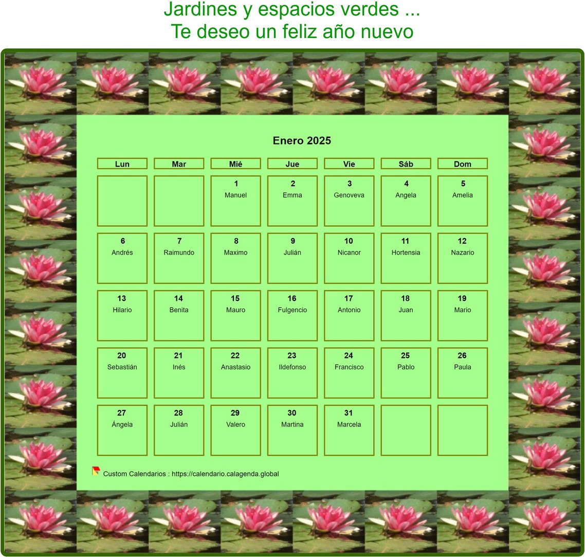 Calendario 2025 agenda decorativa mensual, marco con motivos nenúfares