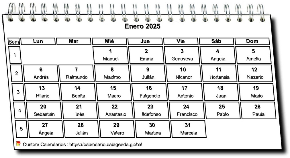 Calendario mensual 2025 en espirales