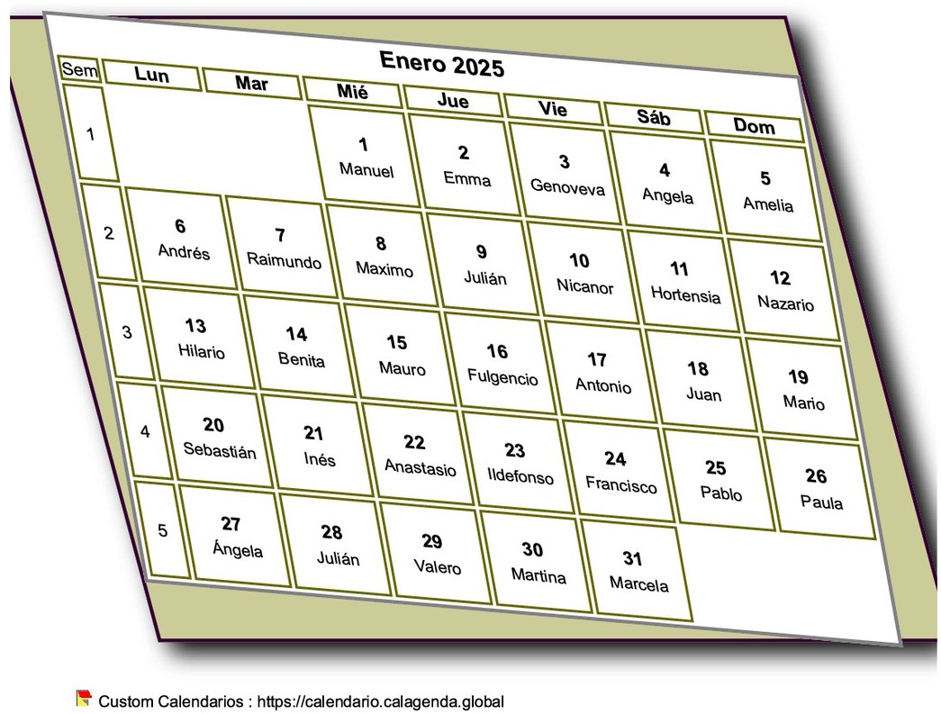 Calendario mensual 2025 para imprimir, estilo 3D