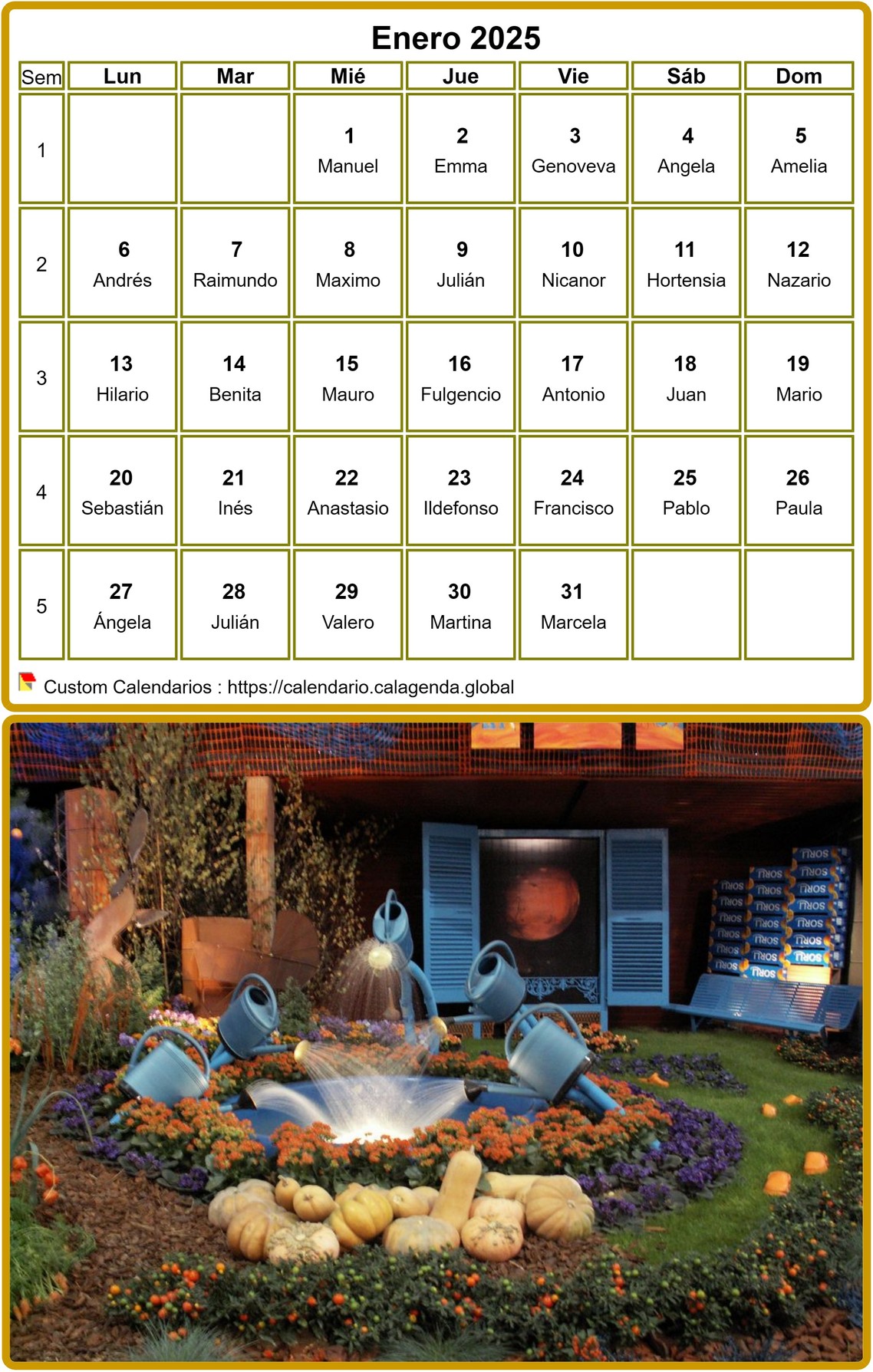 Calendario mensual 2025 para imprimir, con fotografía en la parte inferior