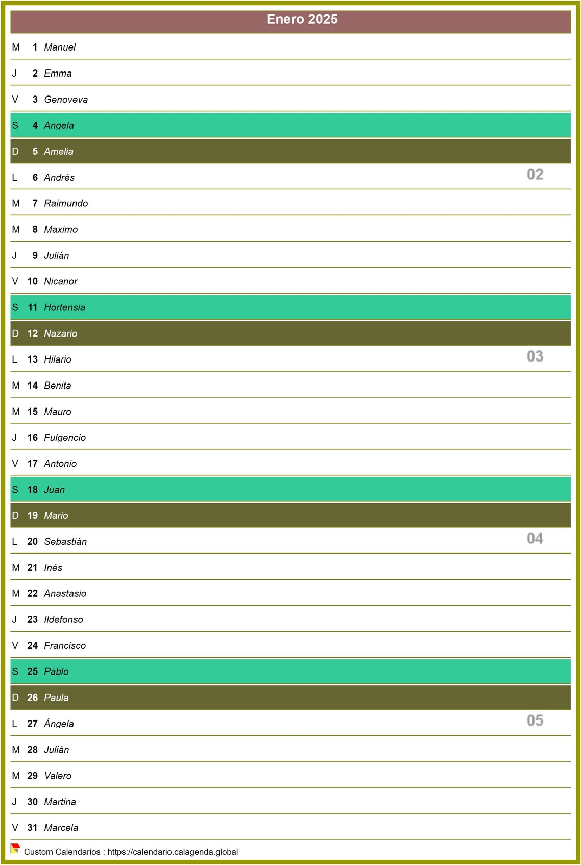 Calendario mensual 2025 en la columna