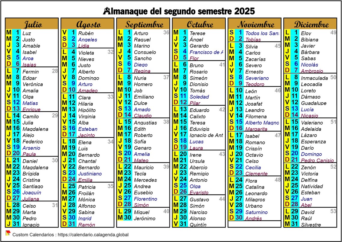 Calendario 2025 semestre seis columnas formato apaisado Calendario 2025 semestre seis columnas formato apaisado