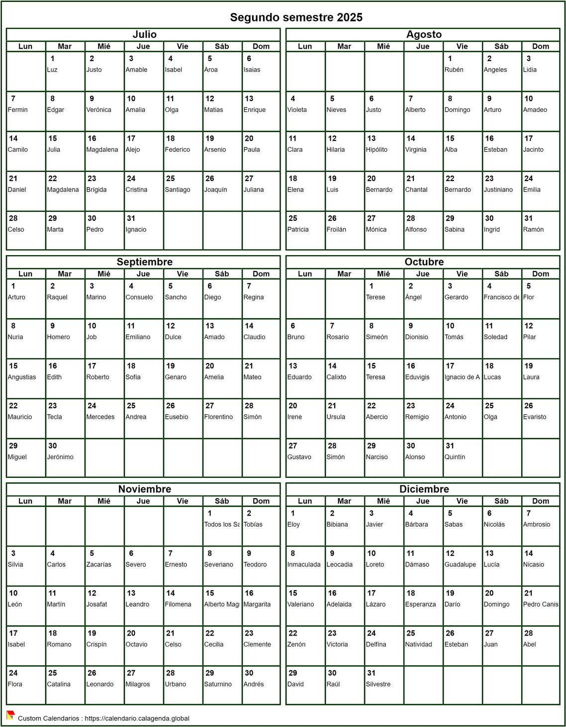 Calendario 2025 para imprimir semestral, formato vertical