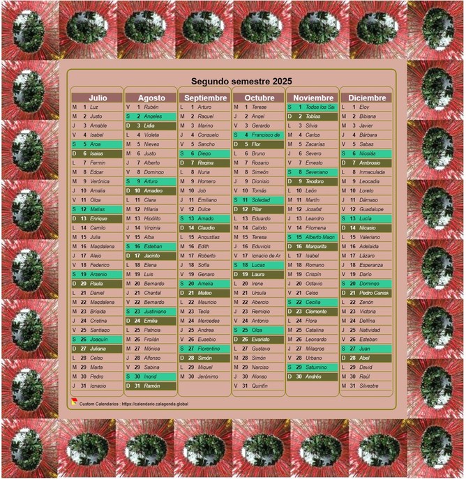 Calendario 2025 semestral decorativo en columna, con marco de fotos, formato retrato