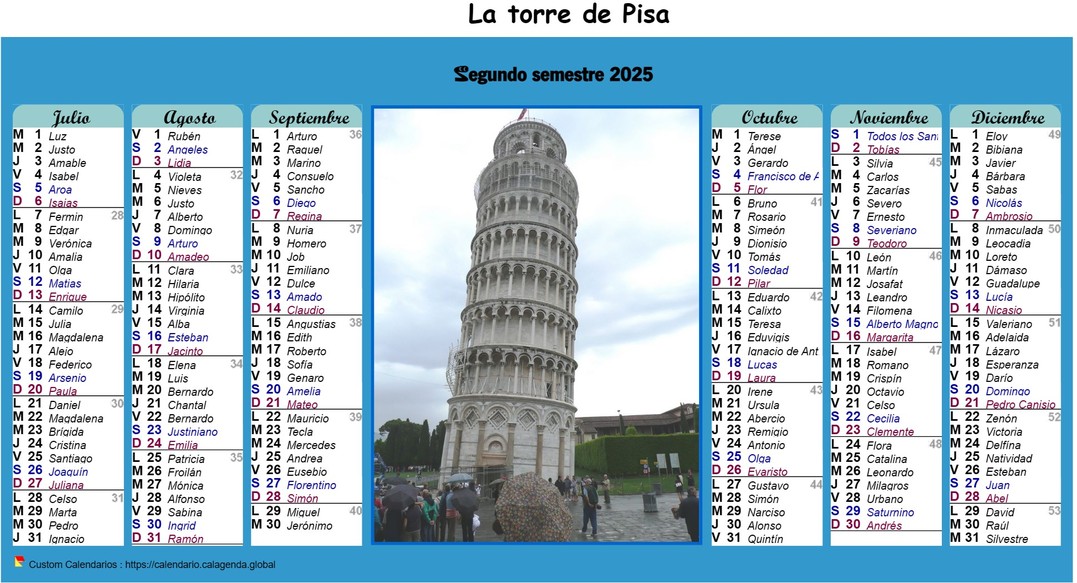Calendario 2025 semestral en columnas con foto en el medio