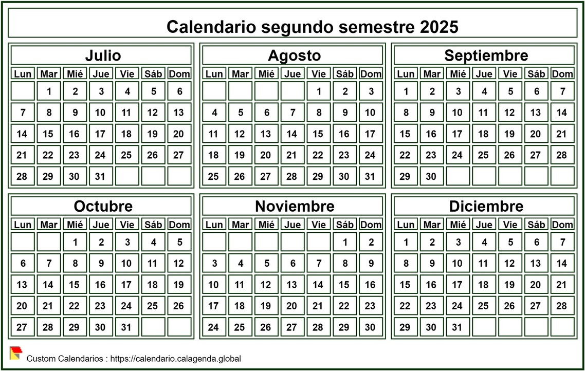 Calendario 2025 para imprimir, semestral, formato de bolsillo pequeño, fondo blanco