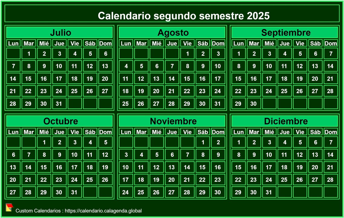 Calendario 2025 para imprimir, semestral, formato de bolsillo pequeño, fondo verde