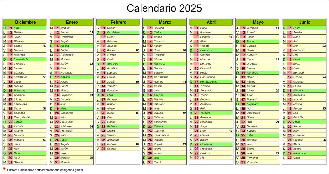 Calendario 2025 semestre de siete meses