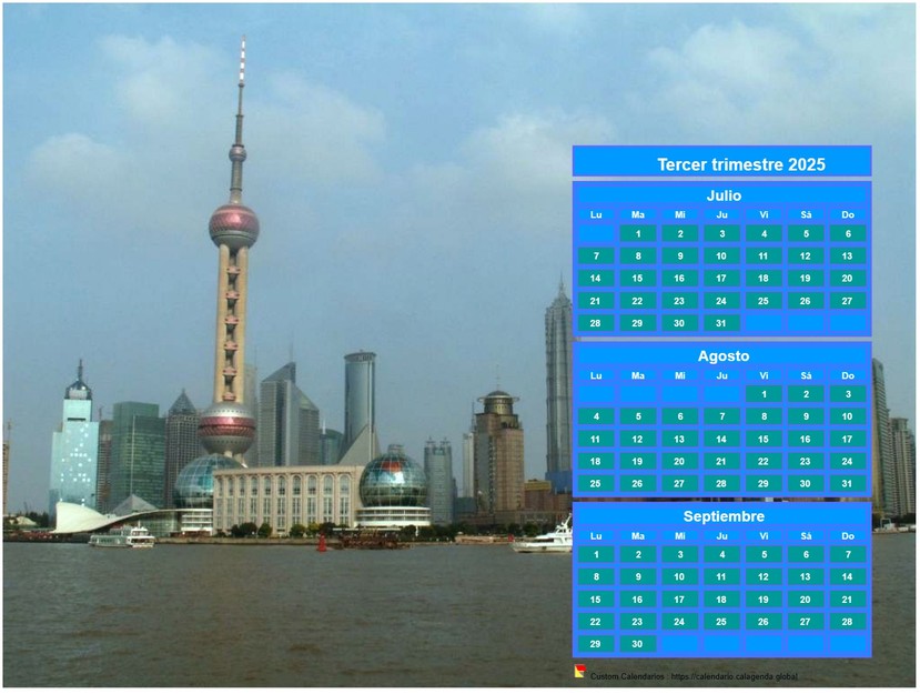 Calendario 2025 para imprimir trimestralmente, formato apaisado, encima de la parte derecha de una foto (Shangaï). Calendario 2025 para imprimir trimestralmente, formato apaisado, encima de la parte derecha de una foto (Shangaï).