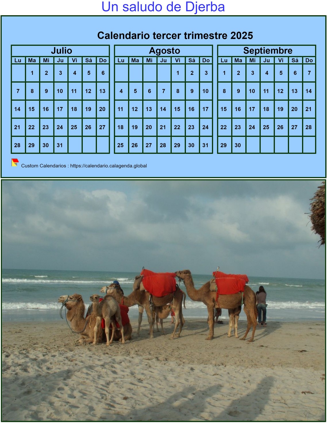 Calendario 2025 para imprimir trimestralmente, formato pequeño, fondo azul, con foto Calendario 2025 para imprimir trimestralmente, formato pequeño, fondo azul, con foto