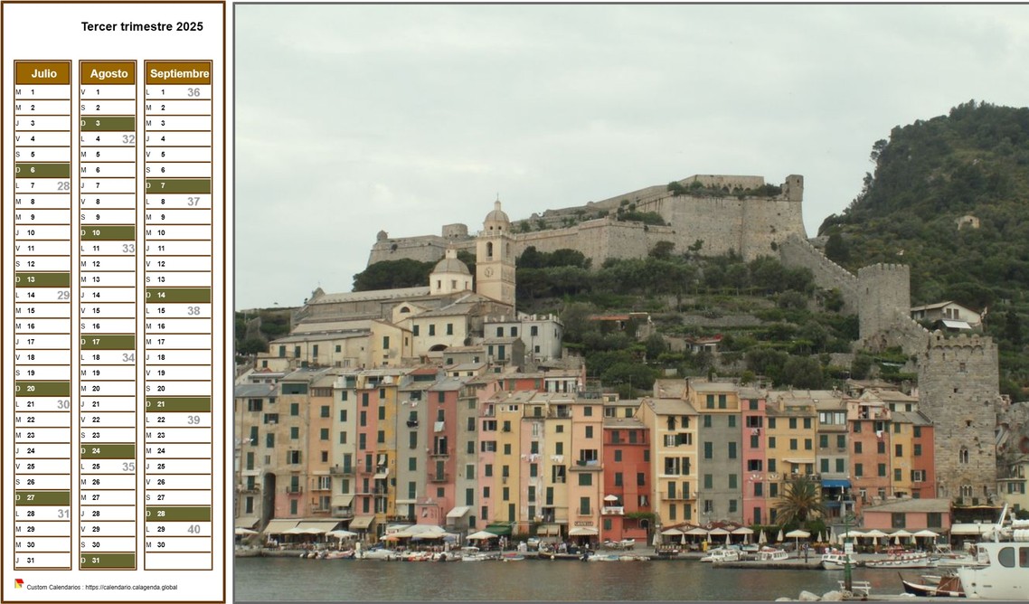 Calendrier 2025 à imprimer trimestriel, format paysage, une colonne par mois, à gauche d'une photo Calendrier 2025 à imprimer trimestriel, format paysage, une colonne par mois, à gauche d'une photo