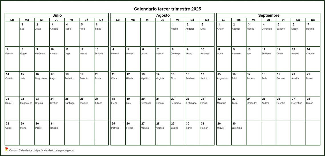 Calendario 2025 para imprimir trimestralmente, formato horizontal