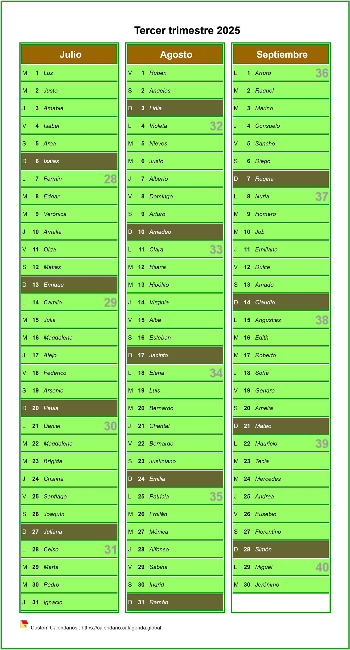 Calendario 2025 a falta del calendario civil agenda trimestral, una columna al mes Calendario 2025 a falta del calendario civil agenda trimestral, una columna al mes