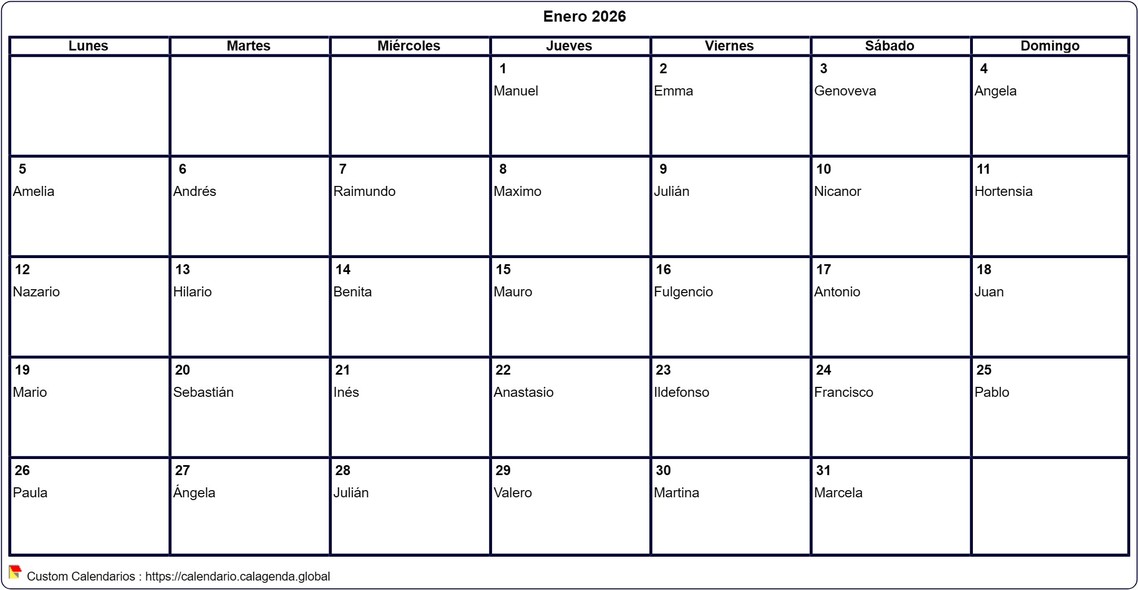 Calendario enero 2026 para imprimir en blanco