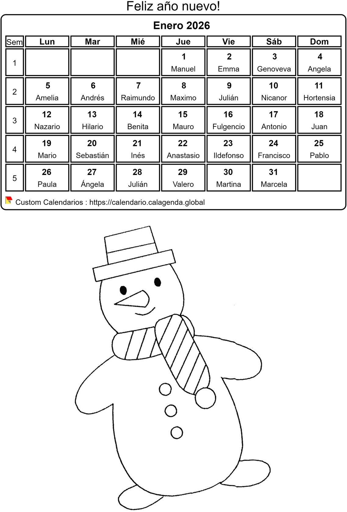 Calendario para colorear enero 2026 Calendario para colorear enero 2026
