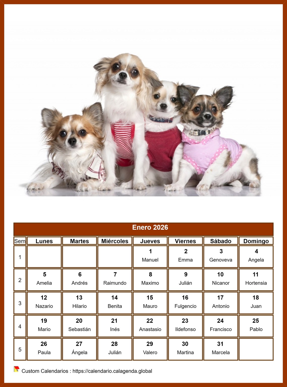 Calendario enero 2026 perros