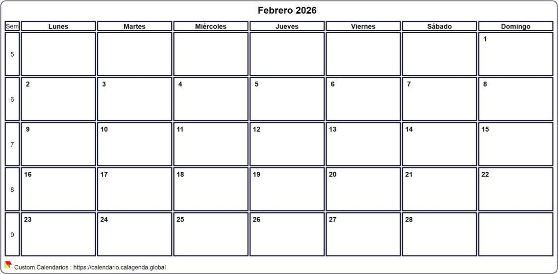 Calendario febrero 2026