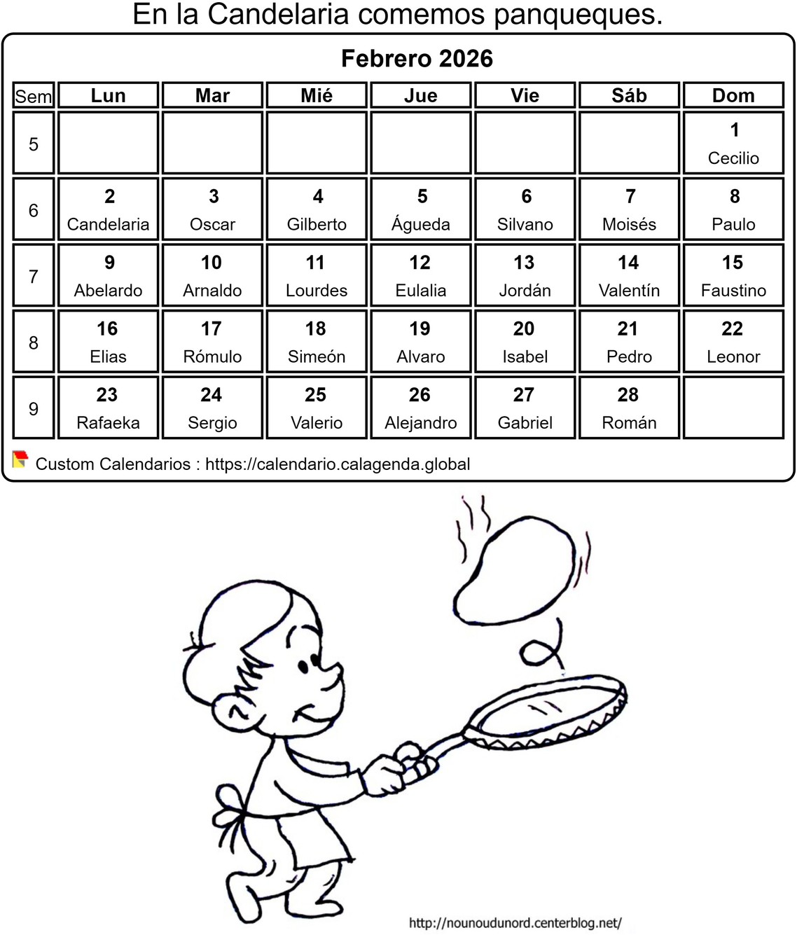 Calendario para colorear febrero 2026 Calendario para colorear febrero 2026