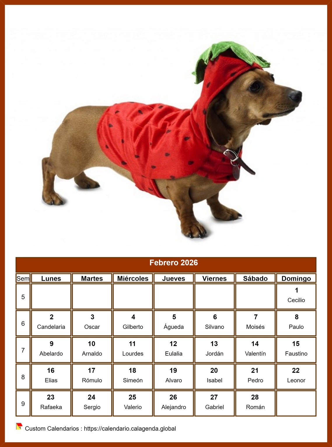 Calendario febrero 2026 perros